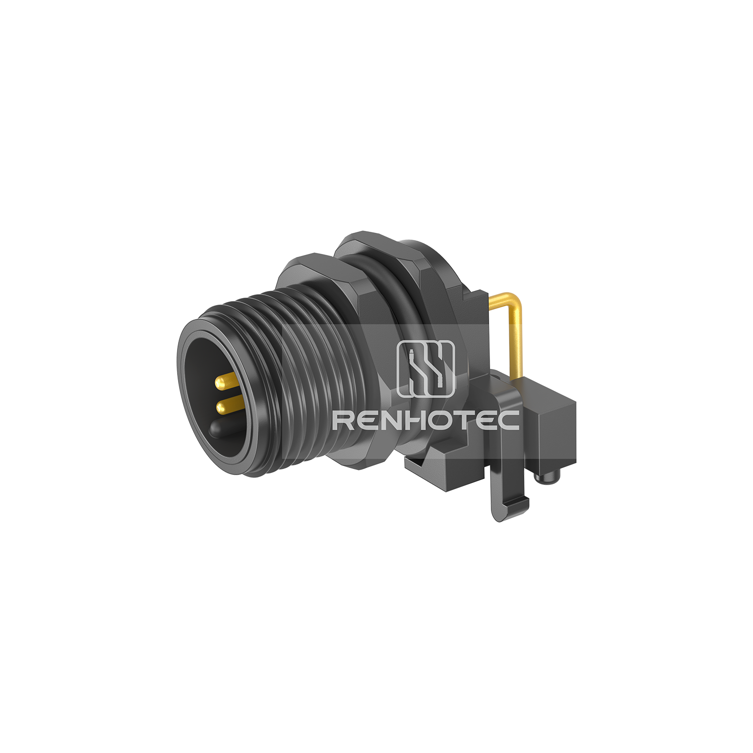 M12 Male Right Angle PCB Type Receptacle, Front Fastened Panel Mount Plastic Shell
