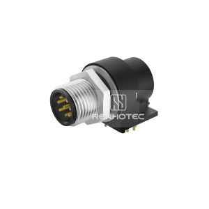 M12 Male Right Angle PCB Type Receptacle, Front Fastened Panel Mount with GND
