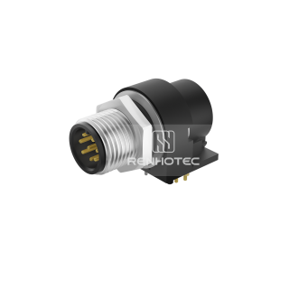 M12 Male Right Angle PCB Type Receptacle, Front Fastened Panel Mount with GND