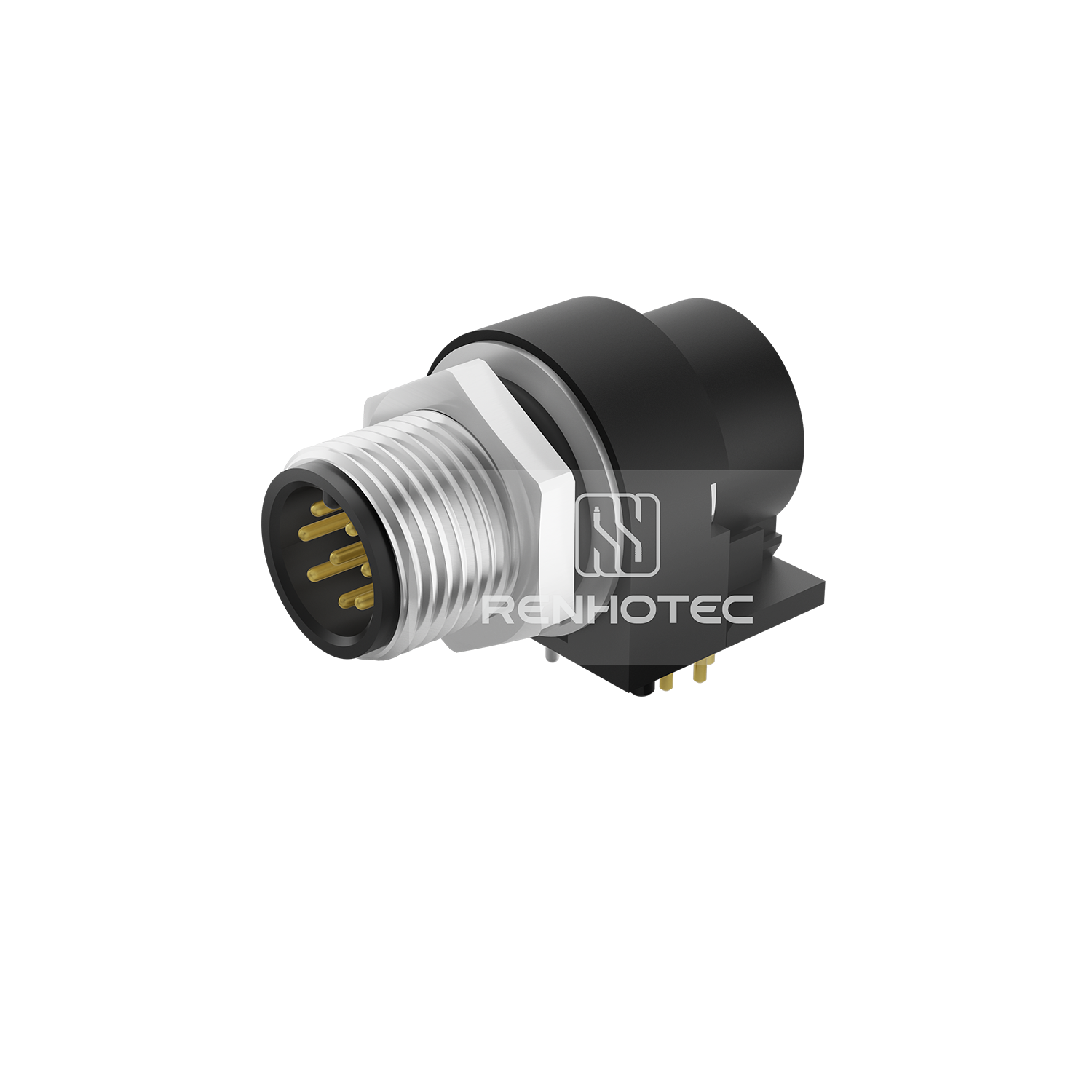 M12 Male Right Angle PCB Type Receptacle, Front Fastened Panel Mount with GND