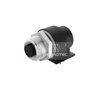 M12 Female Right Angle PCB Type Receptacle, Front Fastened Panel Mount with GND