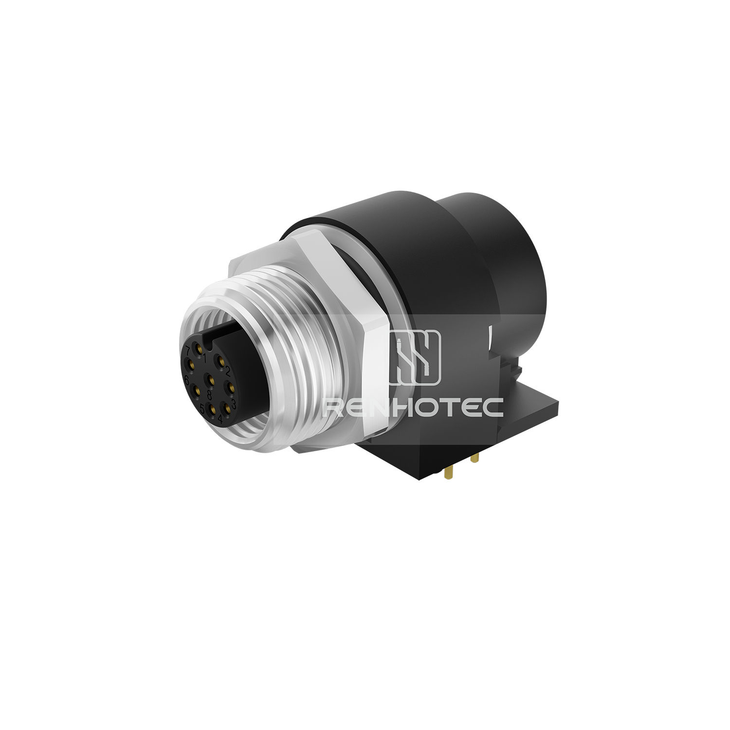 M12 Female Right Angle PCB Type Receptacle, Front Fastened Panel Mount with GND