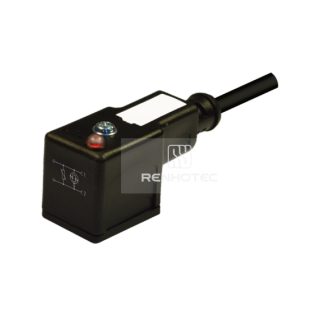Type B Industrial Solenoid Valve Connector, 2+2PE, With Bipolar Led + Varistor, 1M Wire Harness, 90°Outlet 230V AC/DC